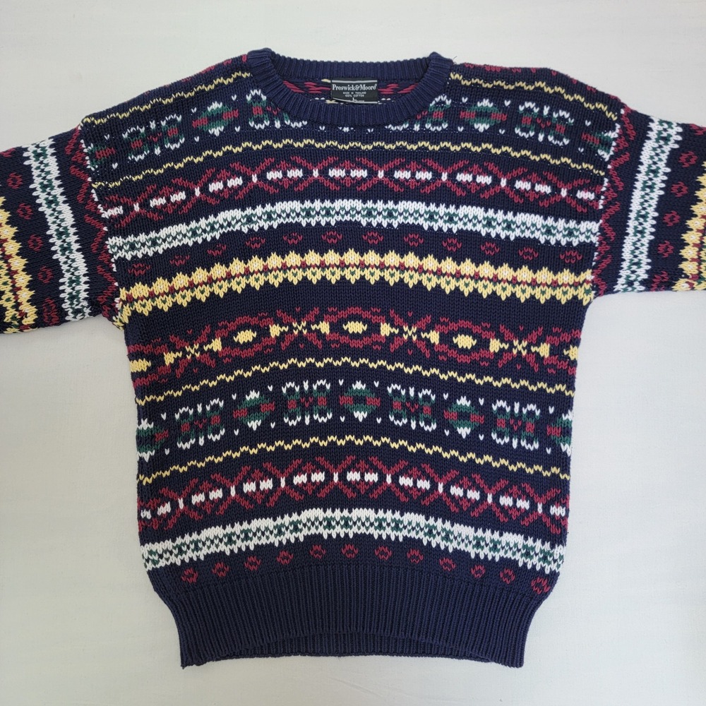 Vintage 90s Preswick & Moore Mens Large Cotton Fair Isle Crew Neck Sweater